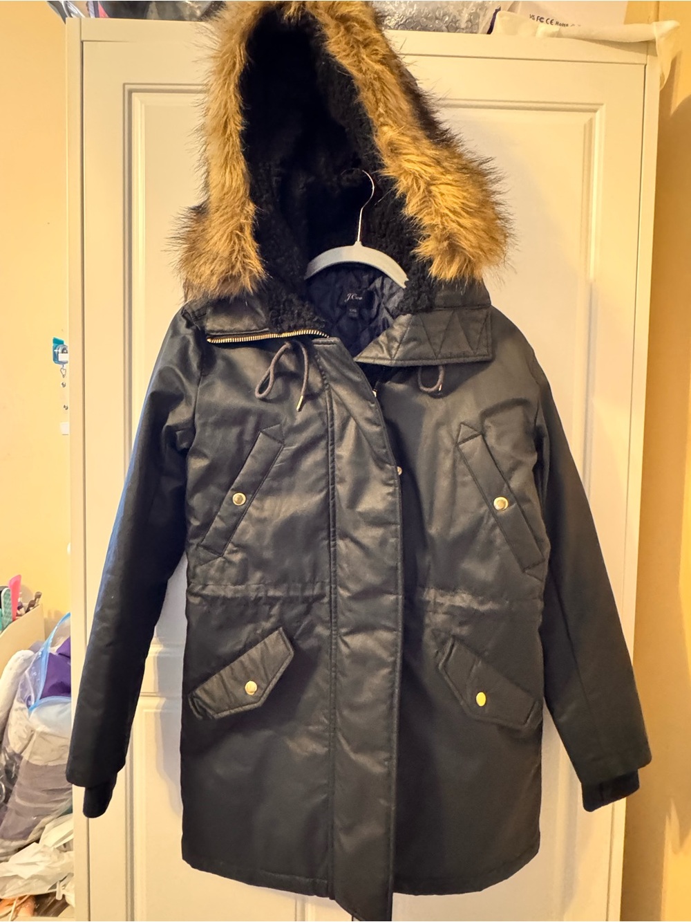 J. Crew Black Parka with Faux-Fur Trim Hood
